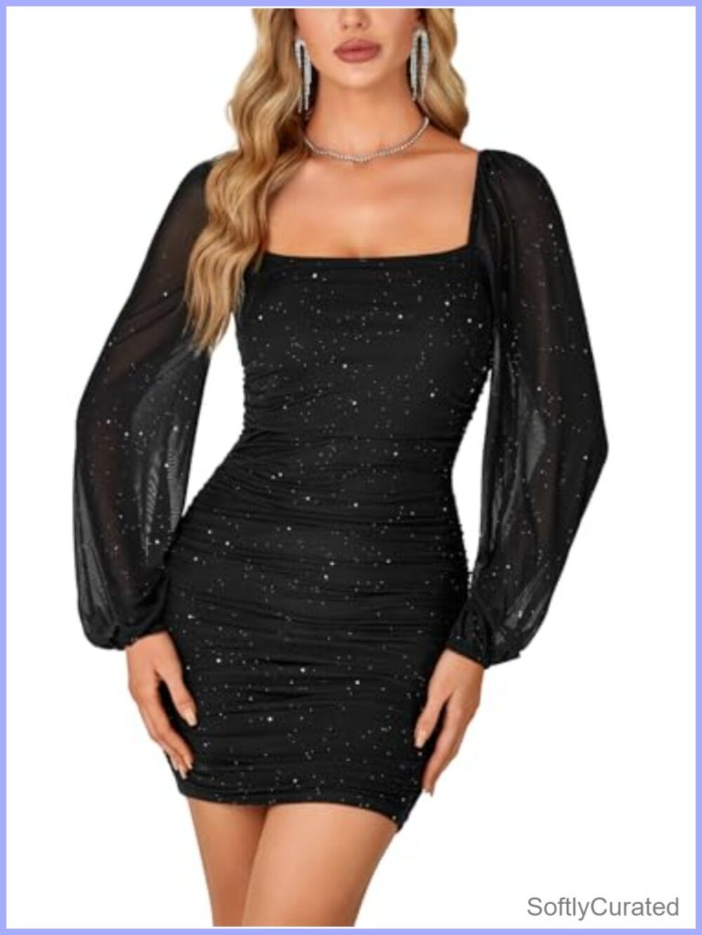 Glitter Mesh Long Sleeve Ruched Bodycon Mini Dress